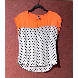 Absolute Angel‎ Polka Dot Blouse Womens S Orange White Cap Sleeve Top Colorblock